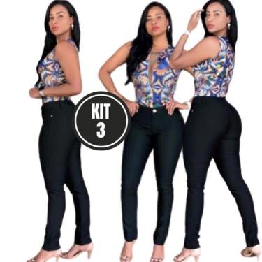 Imagem de Kit 3 Calças Jeans Feminina Lycra Super Strech Preta Skini Cintura Alt
