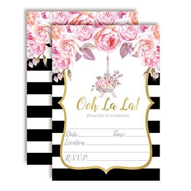 Imagem de Convites florais para festas de Paris em aquarela para aniversários, chás de bebê, chás de panela, festas de noivado e muito mais. 20 cartões de 12,7 cm x 17,7 cm Preencha os cartões com vinte envelopes brancos da AmandaCreation