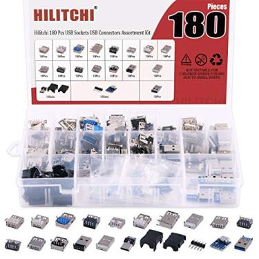 Imagem de Hilitchi Kit sortido com 180 peças de soquetes USB, conectores USB com 150 peças tipo A macho fêmea, 10 peças de porta macho de 9 pinos, 10 peças fêmeas de 5 pinos, 10 conectores tipo B macho com capa de plástico