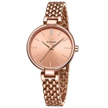 Imagem de Relógio feminino WWOOR de quartzo analógico com pulseira de malha de aço inoxidável à prova d'água e relógio de pulso casual feminino..., Rose Gold