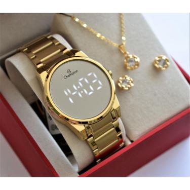 Imagem de Relogio Champion Dourado Redondo Espelhado Lançamento Ch40124b + Kit Semi Joia