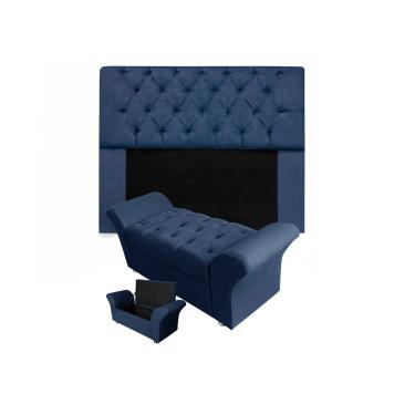 Imagem de Conjunto Cabeceira Mirage e Calçadeira Baú Veneza Solteiro 90 cm Suede Azul Marinho - LM DECOR
