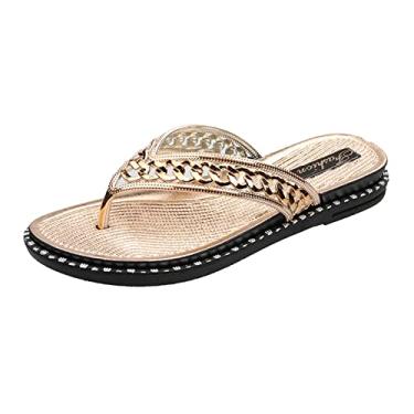 Imagem de CsgrFagr Sandálias femininas modernas de verão com corrente versátil clipes de pé sandálias de praia femininas sandálias anabela 10, Dourado, 8