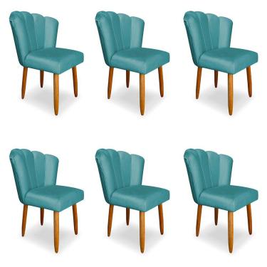 Imagem de Kit 6 Cadeiras de Jantar Pétala Estofada Pés Palito Veludo Azul Turquesa - Montanaris D...