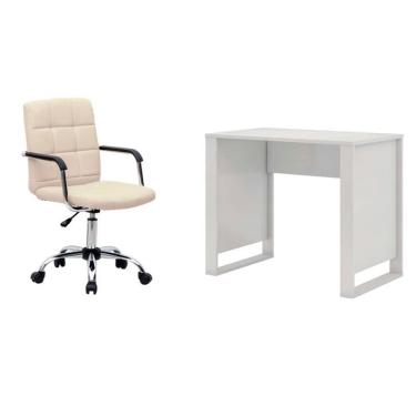 Imagem de Conjunto de Mesa Morada Branca com Cadeira de Escritório Secretária Giratória Fitz Bege