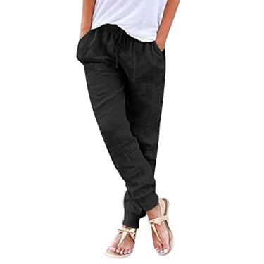 Imagem de Calças femininas de verão cintura alta algodão linho cintura alta perna larga moda algodão calças de verão plus size preto