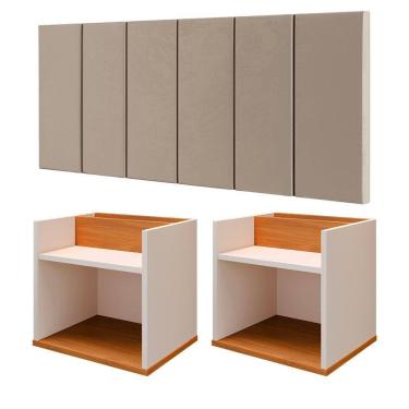 Imagem de Kit Quarto Casal Completo 2 Mesinhas Suspensa Madri Nicho Decorativo Cabeceira Almofadada Julia Cama Box 1,40 - RPM Móveis