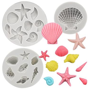 Imagem de MEMOVAN Molde de silicone sob o mar, 3 peças, molde de bolo de fondant marinho concha concha estrela do mar molde de silicone para assar sob o mar, chocolate, doces, decoração de bolo, argila polímera, pasta de goma de argila