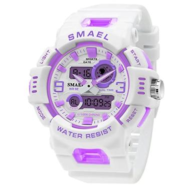 Imagem de Relógio de pulso unissex analógico digital para esportes ao ar livre, multifunções, LED, eletrônico, grande, à prova d'água, cor doce, relógio de pulso para estudante, Roxa, Digital