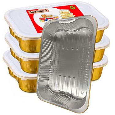 Imagem de SuiXinCook Assadeiras douradas de folha de alumínio com tampas, resistente, 22 x 33 cm, embalagem com 10 + 10 tampas), recipientes descartáveis para alimentos reutilizáveis F330 (3500 ml)