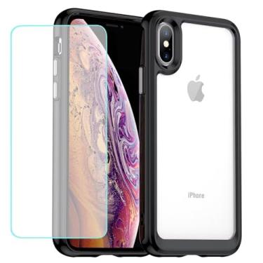 Imagem de Wanyuexes Capa para iPhone Xs, capa para iPhone X, com protetor de tela de vidro temperado, antiamarelamento, parte traseira rígida de policarbonato e capa protetora de TPU macio para iPhone Xs preto