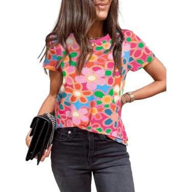 Imagem de EVALESS Camisetas femininas casuais de manga curta com gola redonda e gola redonda moda 2024 primavera verão camisetas folgadas, E multicolorido, XXG