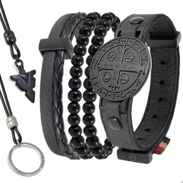 Imagem de GRANADO ACESSÓRIOS, Kit com 06 Pulseiras e Colares - Pulseira de Couro Preto São Bento ALL BLACK com Pedras Naturais e Fecho Strap Plug - AM