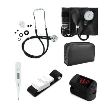Imagem de Kit Acadêmico Completo para Técnicos de Enfermagem, Enfermeiros e Médicos, Estetoscópio, Esfigmomanômetro, Garrote, Termômetro, Oxímetro de Dedo, Preto