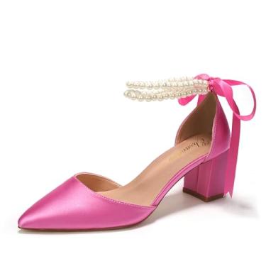 Imagem de Elivandon J1585 Sandália Feminina de Cetim Bico Fino Salto Médio 6cm Bloco Dupla Tira Pérola Noiva Festa Casamento Cor Rosa Choque,Tamanho BR 39/EU 41