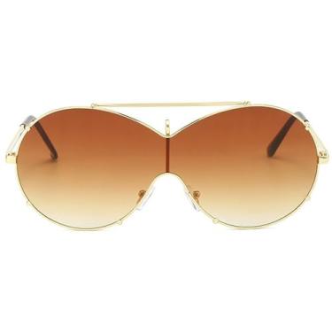 Imagem de Óculos de sol piloto de tamanho grande feminino moderno armação grande óculos de sol máscara óculos de sol moderno armação de metal persianas ovais, Marrom, Medium