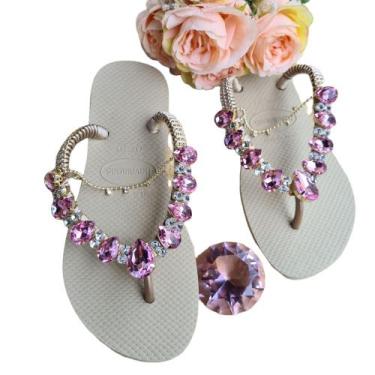 Imagem de Havaianas De Luxo Slim Com Pedraria Rosa E Corrente, Areia, 33/34