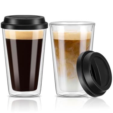 Imagem de Qipecedm Pacote com 2 canecas de café isoladas de parede dupla com tampas de silicone, xícaras de café reutilizáveis de 350 ml, cappuccino, chá, latte, xícaras de café gelado, canecas de viagem