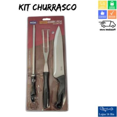 Imagem de Kit Churrasco Assador com 3 Peças Garfo Faca e Amolador de Facas Mor