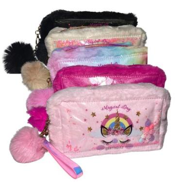 Imagem de Necessaire Feminina Unicórnio Pelúcia Forrada Nylon Com Alça - Mormino