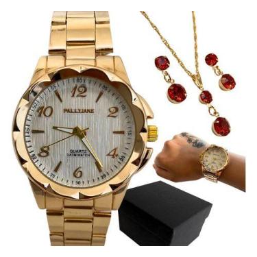 Imagem de Relógio Feminino Dourado Luxo + Conjuto Folheados + Brincos - EEA SEMI
