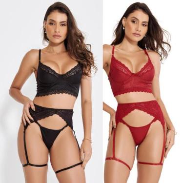 Imagem de Kit3 Conjunto Lingerie Cropped Calcinha Sem Bojo Cinta Liga - ALTIE, M