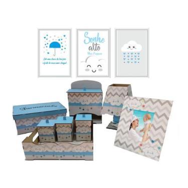 Imagem de Kit Bebe Higiene Nuvem Azul Com Trio De Quadros Decoração - Mdf Store