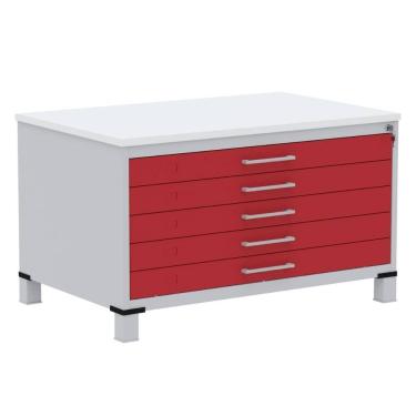 Imagem de Mapoteca 5 Gavetas Pandin 120cm (Larg) Inmetro Tampo MDP Branco Estrutura Aço Cinza Gaveta Vermelha
