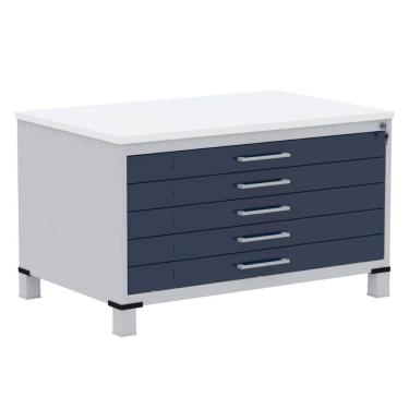 Imagem de Mapoteca 5 Gavetas Pandin 120 cm (Larg) Inmetro Tampo MDP Branco Estrutura Aço Cinza Gavetas Azul