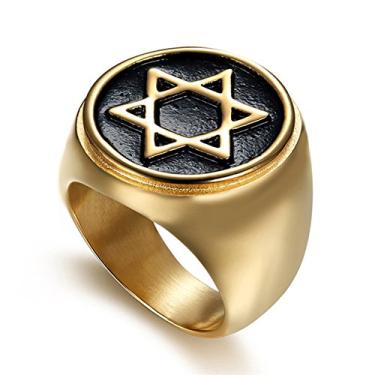 Imagem de JAJAFOOK Aliança de casamento hexagrama de seis pontas judaica incrustada estrela de Davi para homens, tom dourado, Aço inoxidável, Sem pedra preciosa