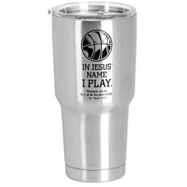 Imagem de Dicksons SSTUM-141 Basketball In Jesus Name I Play - 1 Corinthians 10:31-8 polegadas - 850.5 g Prata e Preto Aço Inoxidável e Plástico Isolado Caneca de Viagem com Tampa