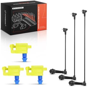 Imagem de A-Premium 3 bobinas de ignição amarelas com 3 fios de vela de ignição compatíveis com Lexus GS300, IS300, SC300 e Toyota Supra, 1998-2005 L6 3.0L