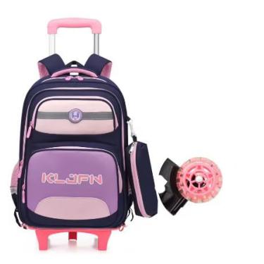 Imagem de Mochila de carrinho Rodinhas Infantil em Tecido Oxford e com Grande Capacidade para Estudantes de 6 a 12 Anos, mochila escolar (Azul/rosa com rodinha de led)