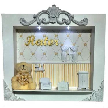 Imagem de Quadro Enfeite De Porta Maternidade Cenário Led - Branco e Creme Ursin