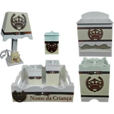 Imagem de Kit Higiene bebê Mdf decorado 7 pçs - BRANCO COM PALHA DE COROA - Flor