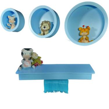 Imagem de Kit Nichos Redondos + Prateleira com Varão MDF - AZUL BB - Flores para