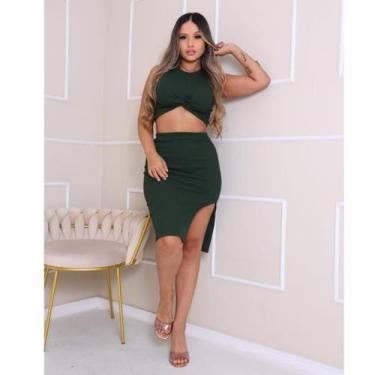 Imagem de Conjunto Feminino Ribana Canelado Cropped Cruzado E Saia Mídi Fenda La