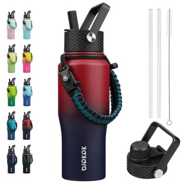 Imagem de BJPKPK Garrafas de água isoladas com tampa de palha, garrafa de água de metal de 652 g com 2 tampas e alça de paracord, copos a vácuo de aço inoxidável de parede dupla, copos, garrafa térmica para