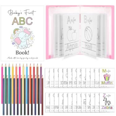 Imagem de Sinload Abc Coloring Book 26 cartões de colorir alfabeto a Z páginas para colorir com 24 lápis de cor, imagens engraçadas para colorir página livro de visitas (rosa)