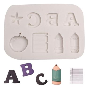 Imagem de Moldes de livro de notas 3D, letra de silicone, lápis de maçã, volta às aulas, materiais escolares, moldes de fondant, para decoração de bolos, chocolate, doces, artesanato, pasta de goma