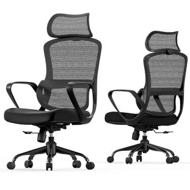 Imagem de LarkLeaves Cadeira Ergonômica Gamer, Preta com Encosto de Cabeça Largo, Suporte Lombar, Malha Respirável, Reclinável a 135°, Cadeira de Computador com Almofada de Tecido