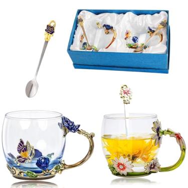 Imagem de Caneca de café de vidro para chávenas, conjunto de chávenas de chá chiques, aniversário, Natal, Dia dos Namorados, ideia de presente para amantes de chá e mulheres novidade canecas de café rosa flor