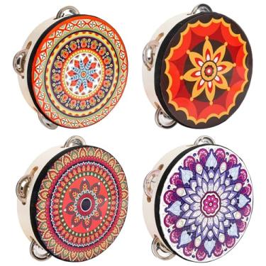 Imagem de YOUEON Pacote com 4 Pandeiros coloridos de 15 cm com fitas e jingles de fileira única, pequeno tambor de mão de madeira, presente de percussão, pandeiros para adultos, dança, adereço de foto