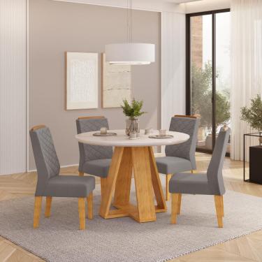 Imagem de Conjunto Sala de Jantar 4 Cadeiras Tampo Redondo dj Móveis Kiara Cedro Lidia Veludo Lunar