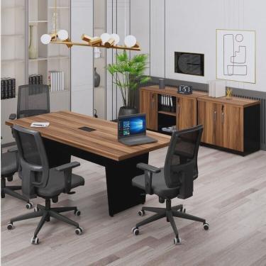Imagem de Kit 3 Peças com Mesa de Reunião Retangular com 01 Caixa de Tomada e Dois Armários Baixos