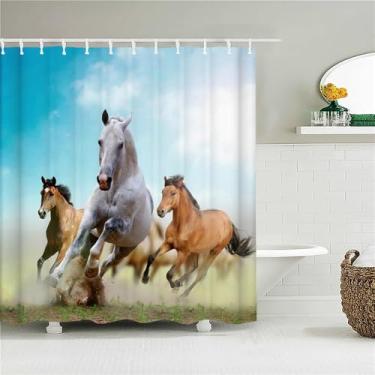 Imagem de Cortinas de chuveiro de animais de cavalo, tecido à prova d'água, cortina de banho de poliéster, tela de banho, decoração para casa com ganchos, 3302M, L210xA180cm