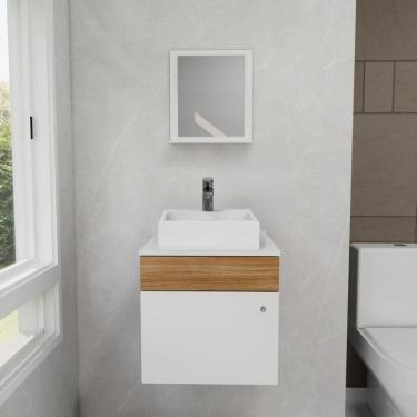 Imagem de Gabinete Armário para Banheiro com Cuba Mármore Sintético Branco/Marrom