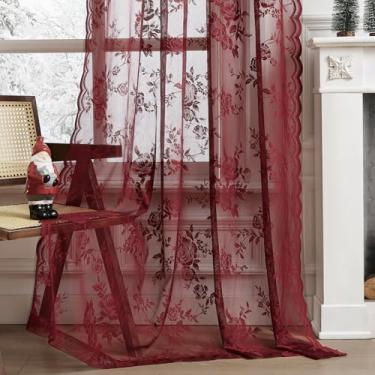 Imagem de Cortinas de renda bordô 137 cm de comprimento, 2 painéis, românticas, cortinas florais para quarto, escritório, bolso para varão, filtragem de luz, marrom, francesa, janela, drapeado, moderno, vinho