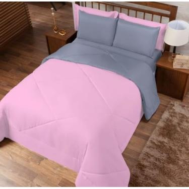 Imagem de Kit Edredom Casal Queen Jogo de Lençol 06 peças Aconchego Dupla Face (Cinza e Rosa)
