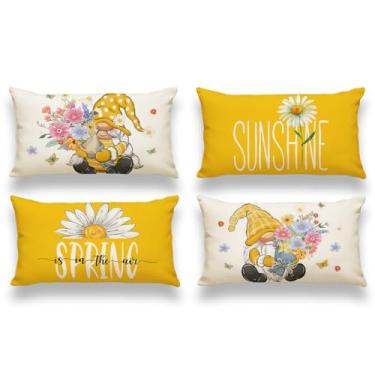 Imagem de Miuyunya Conjunto de 4 capas de almofada amarelas para ambientes externos, 30,5 x 50,8 cm, primavera, verão, flores, quinta, decoração de casa, decoração para pátio, sofá, margarida, gnomos florais